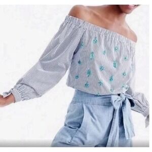J.CREW EMBELLISHED OFF-THE-SHOULDER STRIPED TOP SZ 8 Cotton Bejeweled Party Glam